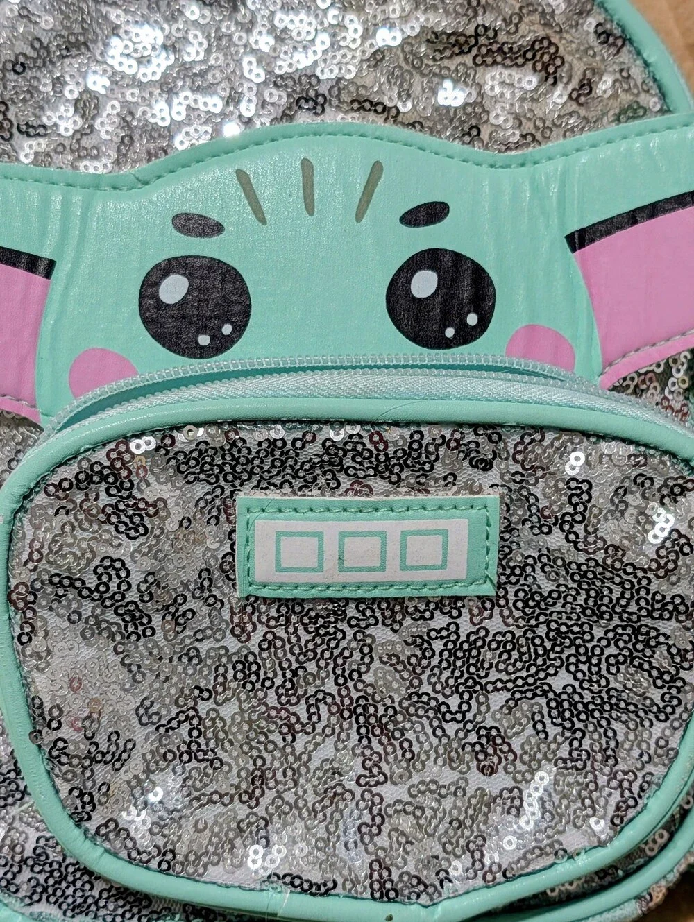 Star Wars Mint Green Silver Sequin Baby Yoga Medium Size Backpack with Pink Ears